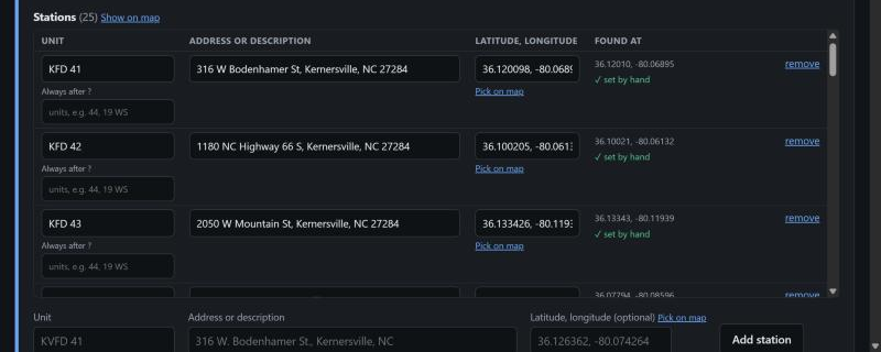 Stations and center points: each with its address, its latitude and longitude, and where it was found